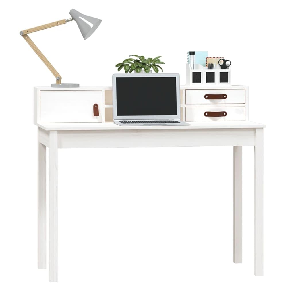 Scrivania in legno di pino massiccio, bianco, 110 x 50 x 93 cm, con cassetto, scaffale, spazio per laptop, monitor, tastiera, supporto da parete per una posizione sicura in casa
