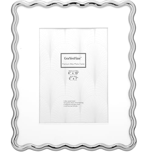 GorYeeFine Silver 8x10 Heavy-Duty Zinc Alloy Photo Frames with Acid Free Mat for 5x7 Wave Design Silver Picture Frame 8x10 with Black Velvet Backing for Desktop and Wall Hanging