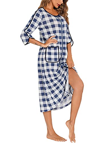 Image of Veseacky Women Robe Zipper Front House Coat 3 /4 Sleeve Nightgown Full Length Ladies Lounge Dress with Pockets S-XXL
