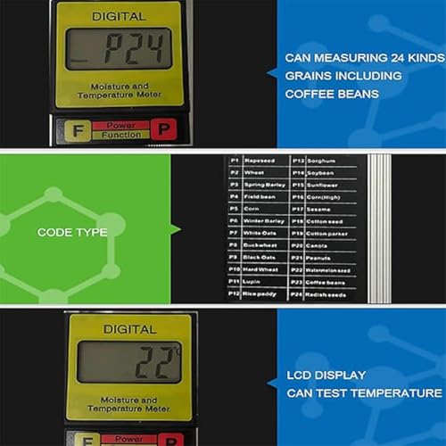 Tester digitale di umidità del grano, display retroilluminato, misura umidità e temperatura per 24 tipi di grano, ideale per agricoltori e agricoltori