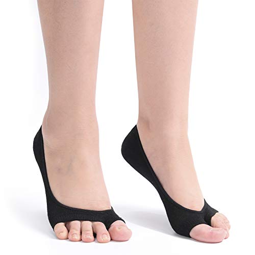 Flammi Women's Peep Toe Liner Socks No Show with Nonslip Heel Grip (3 Pairs- Black)