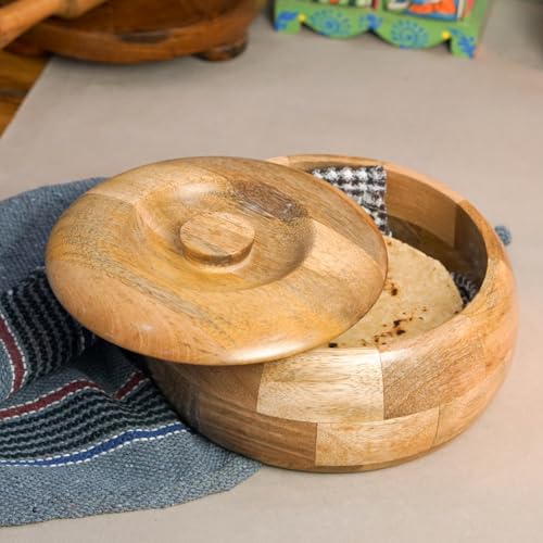 Image of Sanjeev Kapoor By OGGN Mango Wood 9 x 9 x 4 Inch, Casserole for Roti Hot Case | Wooden Roti Box | Hot Case Casserole | Big Chapati Storage Box for Home & Kitchen - Premium Wood Elegant Design