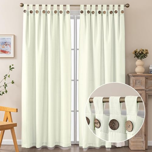 BRIGHTSHEER Ivory Oxford Curtain 2 Panels, Delicate Faux Linen Blend Semi-Blackout Curtains with Coconut Buttons for Living Room, W52 x L96 inches