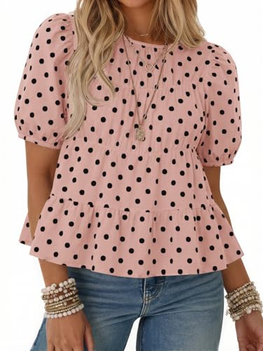 Image of Tankaneo Womens Puff Sleeve Peplum Babydoll Tops Summer Flowy Pleated Cotton T-Shirts Casual Loose Fit Cute Blouse