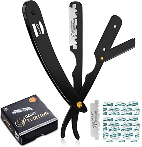 KICHLY Maquinilla de Afeitar Profesional de Filo Recto con Seguridad con 100 Cuchillas Derby de un Solo Filo - 100% Acero Inoxidable (Black)