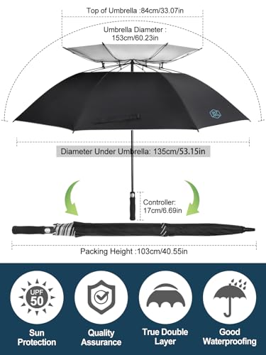 Kalolary 62 Inch UPF 50+ UV Protection Golf Umbrella, Large Automatic Open Double Canopy Vented Windproof Stick Umbrella, Extra Large Umbrella for Adult and Family, Black - Image 2