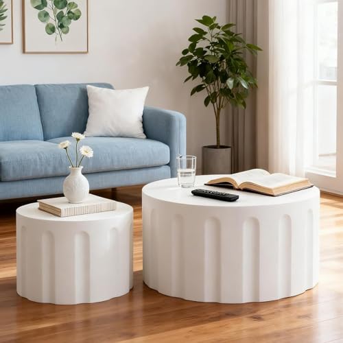 YAOBAO Nesting Coffee Table Set of 2, Modern Fluted Small Round Side Tables Wooden Drum Accent Centre Table for Living Room Compact Spaces, No Assembly Required, White B