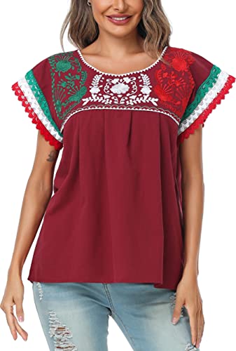 YZXDORWJ Women Mexican Embroidered Lace Traditional Colorful Blouse Tricolor Top Mexican Independence Day Shirt4
