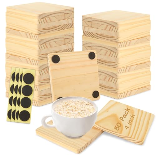 CYEAH 50 Pcs Unfinished Square Wood Coasters, 4 inch Blank Wooden Craft Coasters with Non-Slip Foam...