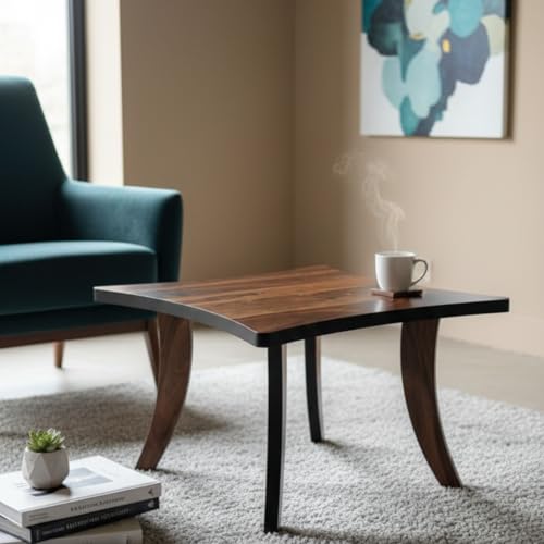 Image of Solid Sheesham Wood Coffee Table | Modern Wooden Center Table for Living Room | Square Tea Table with Curved Legs | Stylish Sofa Side Table | Minimalist Accent Table Home Furniture | Natural Finish