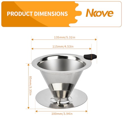 NKOVE Pour Over Coffee Dripper Stainless Steel Reusable Filter Paperless Cone Coffee Maker Dripper for 1-2 Cup, Dual-Layer Filter Design Non-Slip Silicone Grips, Bonus Cleaning Brush & Cloth