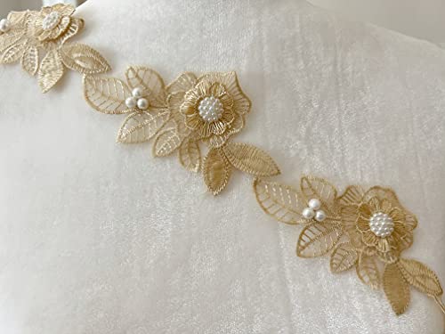 Pepperlonely 1 Yard Gold Pearl 9Pc Chiffon Flowers Embroidered Lace Edge Trim Ribbon, 4.5 X 2.5 Inch #TOP1