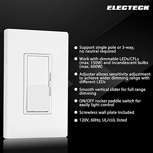 10 Pack - ELECTECK Single Pole/3 Way Dimmer Light Switch for Dimmable LED/Halogen/Incandescent Bulbs, Universal Lighting Control, Screwless Wallplate, UL Listed, White - Thumbnail 2