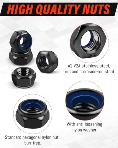 20 Stück Sechskantmuttern M8, Jeboler DIN 985 Mutter M8 Schwarz Sicherungsmuttern A2 V2A Selbstsichernde Muttern, Metrisch Gewinde Stoppmutter Sechskant Edelstahlmutter Kontermuttern