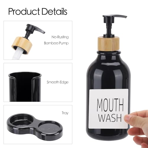 Image of Mouthwash Dispenser for Bathroom, 16oz Plastic Mouthwash Dispenser with Cup Holder and Tray Mouth Wash Bottle Container - Black