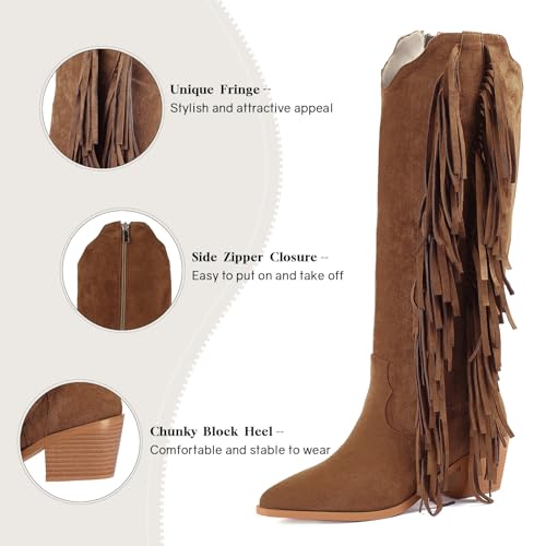 Image of KiutSymo Cowgirl Fringe Boots For Women White Tassels Cowboy Boots Knee High Pointed Toe Western Boots