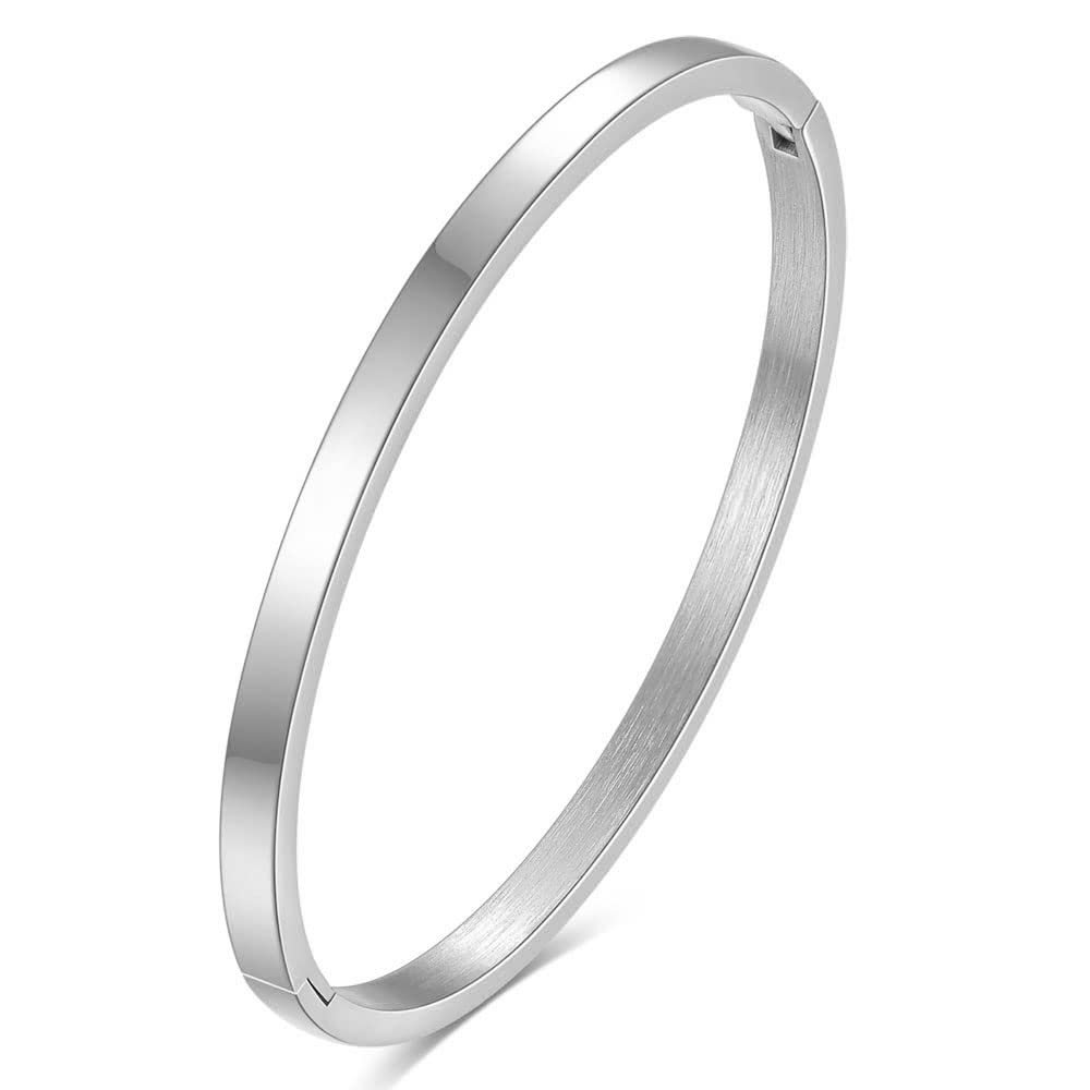 MYNENEY Rose Gold/Gold/Silver Titanium Stainless Steel Pave Cubic Zironia Simulate Diamond Stackable Oval Hinged Bangle Bracelet 6.5-7.5Inch (4mm-Silver, 7.5 Inch)