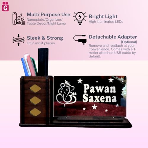 Image of Desk Organizer with LED Name Lamp | Customized Gift for Men, Women, Teachers, Doctors, Dad, Husband | Pen Holder, Table Lamp | Personalized Birthday Gift | Office Organizer - Large Plate