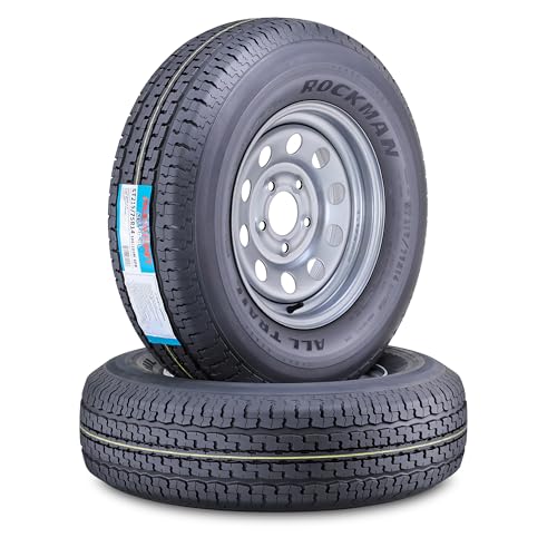 ROCKMAN Trailer Tire Wheel Assembly ST205/75R15 10-Ply E 111M Heavy Duty 2400lbs w/5 Lug on 5 PCD Silver Mod Rim SET 2