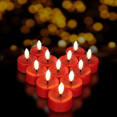 Image of 12 Pack Red Flameless Tealight Candles Battery Operated Tea Lights, Realistic Flickering Fake LED Tealights Candles, 3D Wick LED Tea Lights for Christmas, Festival, Party, Home Decor