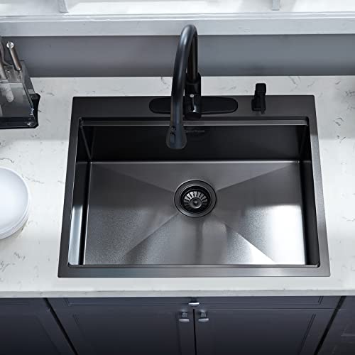 Ecochannels Kitchen Sink, 25 X 22 Inch Drop In Kitchen Sink Gunmetal Black Stainless Steel Workstation Sink Topmount Kitchen Sink Single Bowl With Cutting Board #TOP1