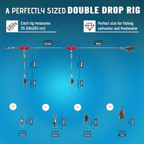 Narcissus Double Drop Saltwater Fishing Rig – Mono 2 Hook Bottom Rigs with Swivels & Snaps, Pre-Tied Surf Pier Boat Leader Line for Snapper, Bass, Mackerel, Catfish (Double Drop Rig-12Pack)