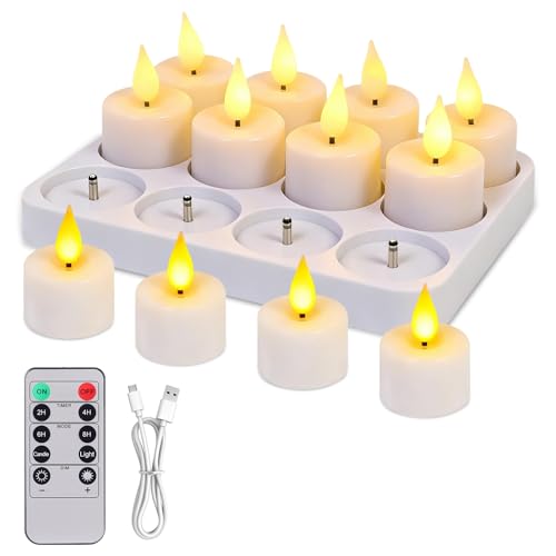 12 Pack Tea Lights Candles Battery Operated with Charging Dock, Remote Control Rechargeable Candles, Flickering Flameless LED Tealight for Votive, Table Decorations, Wedding, Halloween, Christmas