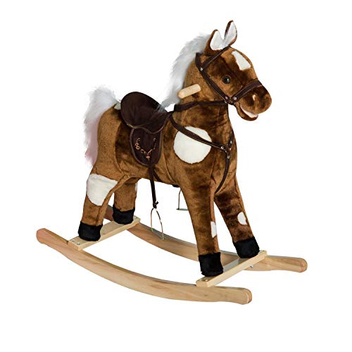 Qaba Kids Metal Plush Ride-On Rocking Horse Chair Toy with Nursery Rhyme Music – Dark Brown