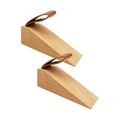 2 Pack Wood Door Stopper Small Wood Door Wedges Soild Beech Wood Doorstops Security Door Stopper with Leather Band for Hanging Cover