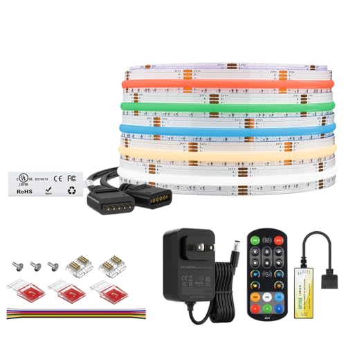Image of BTF-LIGHTING FCOB COB RGBCCT Color Changing LED Strip with Remote,UL Listed Flexible High Density DC24V 20FT RGB+Tunable White 3000K-6000K RF Remote Controller 12mm Width 3M Tape for Home Decor