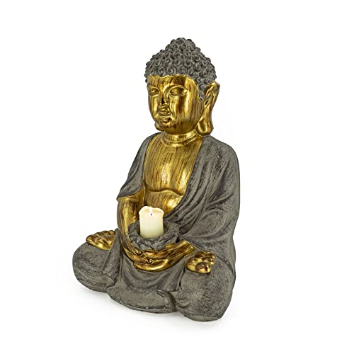 Rivanto® Sitzende Buddha Statue mit Kerzenhalter, Höhe 45 cm, Steinoptik Deko Figur mit goldener Haut, für Innen & Außenbereich Cover