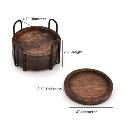 Image of SAMHITA Mango Wood Coasters for Drinks with Iron Holder Stand Set of 5 for Drinking Glasses, Tabletop Protection for Any Table Type