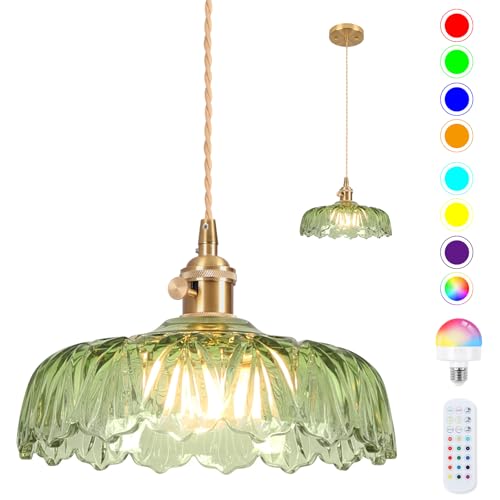 Battery Operated Pendant Light Vintage Light Fixtures RGB Light Bulb 2500mAh 9.4in Green Modern Chandelier with Remote Control Wireless Adjustable Rechargeable Chandelier for Kitchen Island 1Light