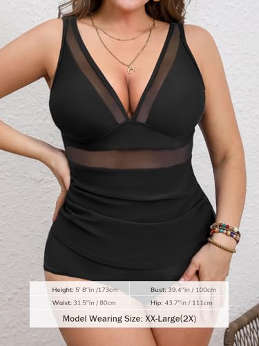 CUPSHE Women’s Plus Size Tankini Sets Deep V Neck Mesh Two Piece Swimsuits Adjustable Straps Mid Rise4