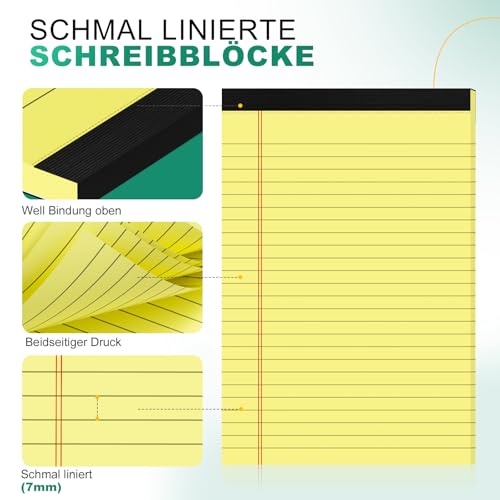 Notizblock A5 Kollegium Regiert Notizblöcke, 6 Stück Gelbe Papier Block Liniert, Schreibblock Liniert A5 Schmal Ruled Liniertes Papier Notizblöcke 30 Blatt Pro Schreibblock für Schule, Haus, Büro