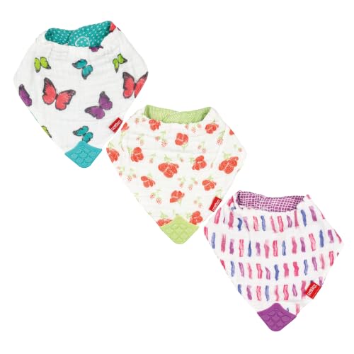 Image of Nuby Reversible 100% Natural Cotton Muslin 3 Piece Teething Bib, Pink, Aqua, Purple, Flower, Butterfly, Stripes, Girl, 3 Count