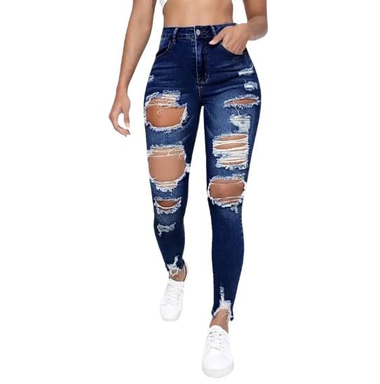 Women's Dark Wash Cut Out Ripped Raw Hem Skinny Jeans - High Stretch Denim