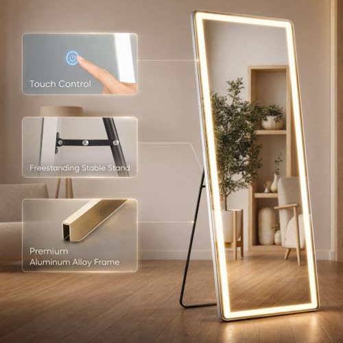 Image of Full Length Mirror with Lights, 71 inch x 26 inch LED Floor Mirrors, Full Body Dressing Standing Mirrors with Dimming & 3 Color Lighting, Hanging Mounted Mirror for Living Room Bedroom Cloakroom