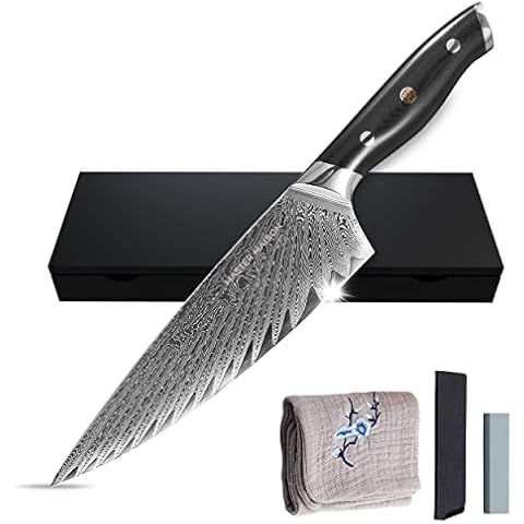 Master Maison 8" Damascus Steel Chef Knife: Full-Tang Black Handle with Japanese Mosaic Rivet, AUS-10 Ultra-Sharp Stainless Steel Japanese Chef Knife, Damascus Chef Knife, Wooden Storage Box & Extras Cover