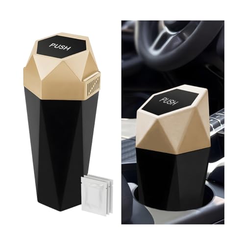 Image of Car Trash Can with Lid, Mini Leakproof Fragrance Vehicle Cup Holder Garbage Bin for Console Door, Small Portable Auto Interior Dustbin Organizer Accessories, Universal Fit (Gold)