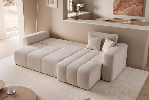 GREKPOL Sofa mit Schlaffunktion 145x248 - Creme Ecksofa mit Schlaffunktion und Bettkasten - Sofa 3 Sitzer - Schlafsofa - Couch - Schlafsofa mit Bettkasten