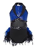 Yihuimin Vestido escolar para niñas vestido de baile moderno latinoamericano jazz vestido de baile con lentejuelas plumas tutú leotardo traje de ballet, azul cobalto, 110-116