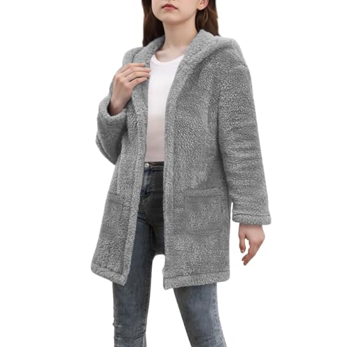 Fleece Jackets for Girls Warm Sherpa Coats with Pockets Open Front Hooded Fuzzy Cardigan Soft Fluffy Winter Jacket