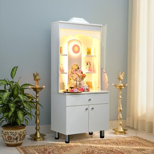 Image of The Mandir Store Wooden Mandir for Home | Ornamental Wooden Temple with Golden LED Strip Lights | 23.65 inches x 14 inches x 56 inches Compact and Spacious Pooja Mandir