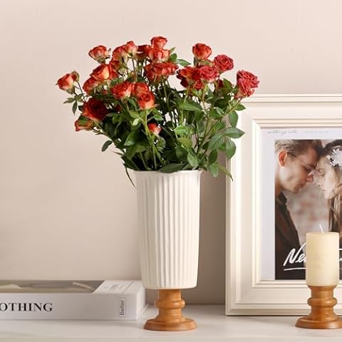 hjnWhite Vase for Flowers- Ceramic Vase for Decor French Rustic Vase for Your Kitchen/Home Decor/Office/Living Room/Bookshelf/Mantel/-White (Vase-French Vertical Pattern) Cover