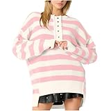 Pull en tricot pour femme à rayures avec patte de boutonnage courte et dos long, t-shirt à épaules superposées, coupe ample, t-shirt à col rond, Rose, XXL