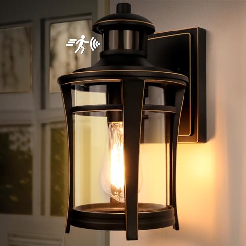 Lamomo Outdoor Motion Sensor Wall Light,Dusk Til Dawn Lamp with Bulb,Black