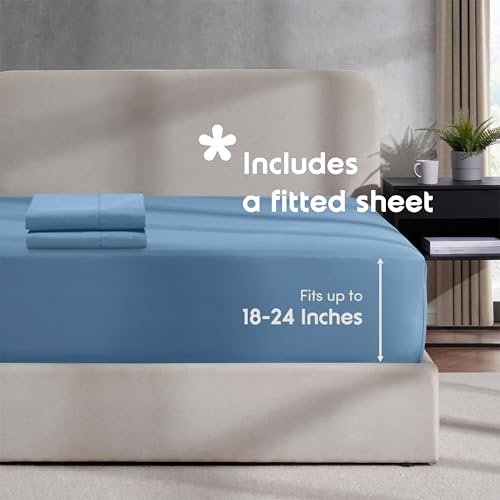 Image of Hearth & Harbor Blue Heaven Duvet Cover with Fitted Sheet Full Size | 4 Piece Soft Double Brushed Bedding Set, Button Closure, 1 Duvet Cover 80x90 Inches, 1 Fitted Sheet, 2 Pillow Shams