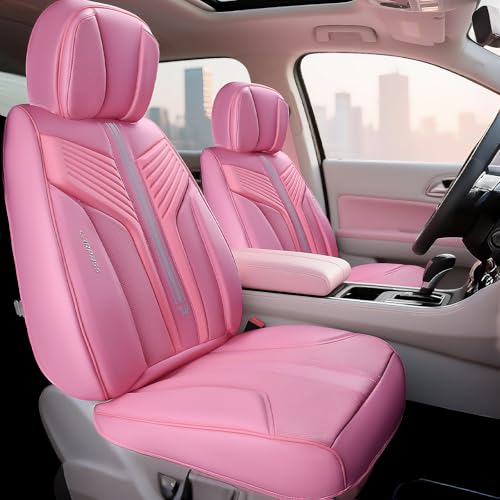 Image of CAR PASS Pink Nappa Leather Seat Covers, Cute Girly Car Seat Covers Full Set for Women, Luxury 3D Sponge Support Waterproof Car Seat Protector, Universal Fit SUV Pick-up Truck Sedan Automotive