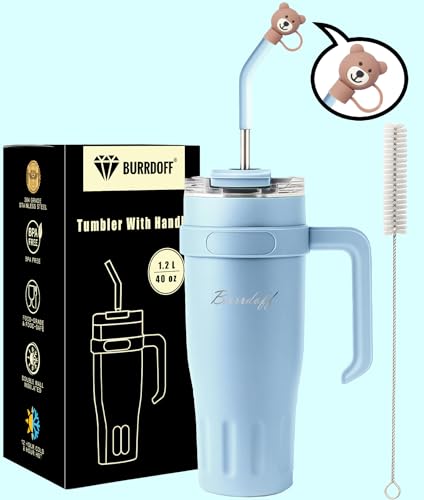Image of Insulated Tumbler with Straw Lid and Handle (1200 ML) Double Wall Sipper Water Bottle for Adults, Tumbler Bottle with Straw (Arctic Blue, 1200 ML, with Bear Straw Coverr)